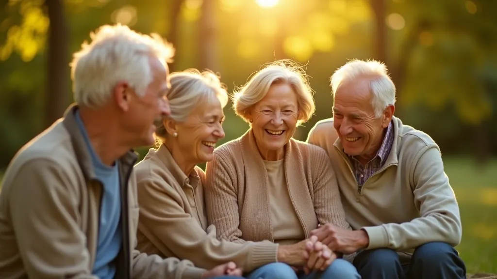 Grupa senioru kopā staigā, smaidot un runājot mežā