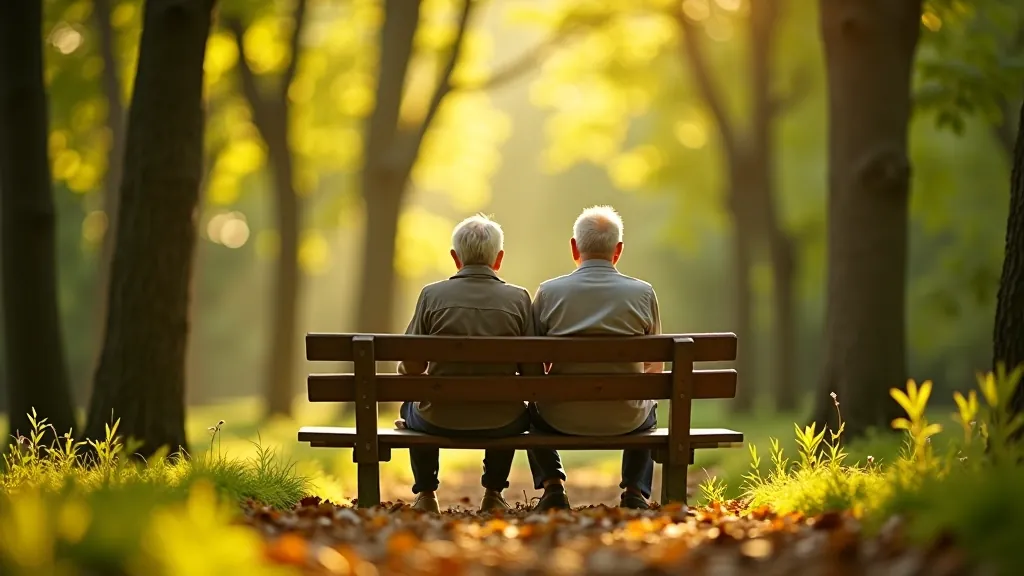 Seniori sēž uz soliņiem mežā, saules gaisma caur lapām, mierīga atmosfēra