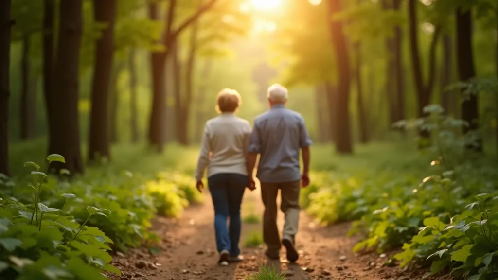 Divi seniori staigā pa meža taku, vasaras gaisma starp kokiem