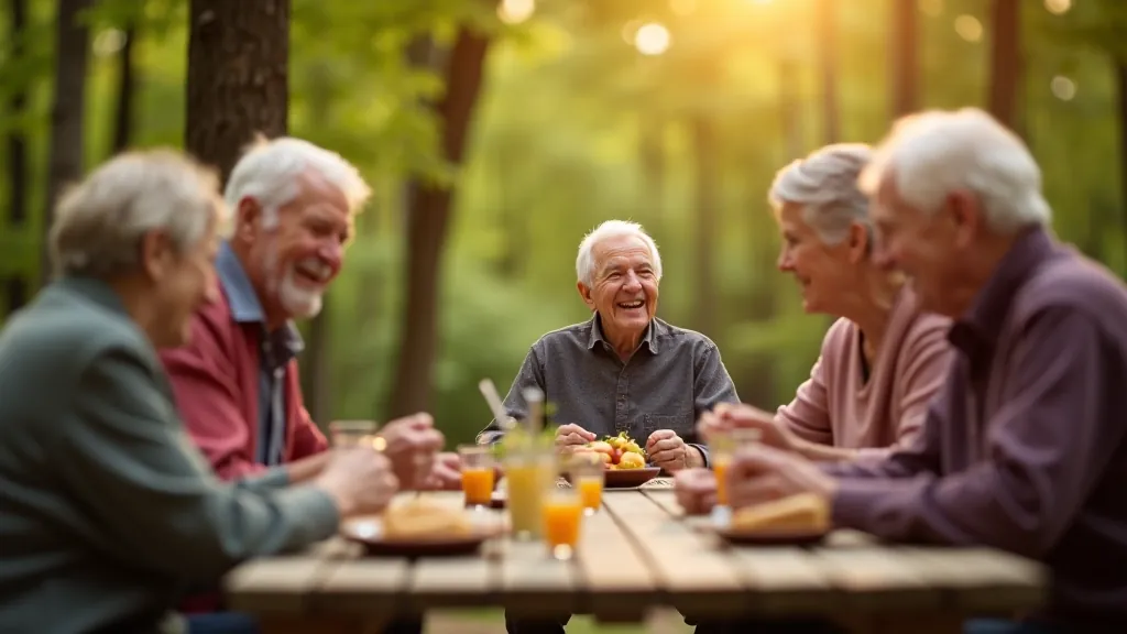 Senioru grupa piknikā ar ēdienu, smaidot un runājot, mežs fonā