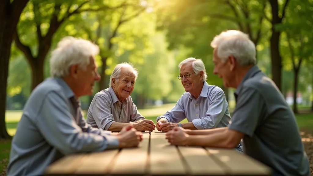 Senioru grupa sēž piknika galdā zem ozoliem, saule spīd caur lapām