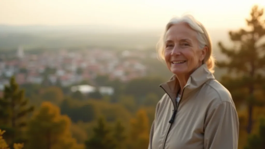 Seniora sieviete stāv Zilaiskalna augšpusē, skats uz Rīgu un mežiem tālumā